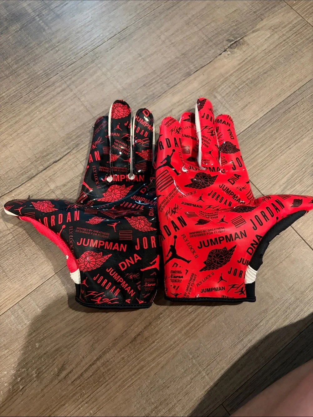Jordan Red White Black Athletic Football Gloves with Jumpman. Size M